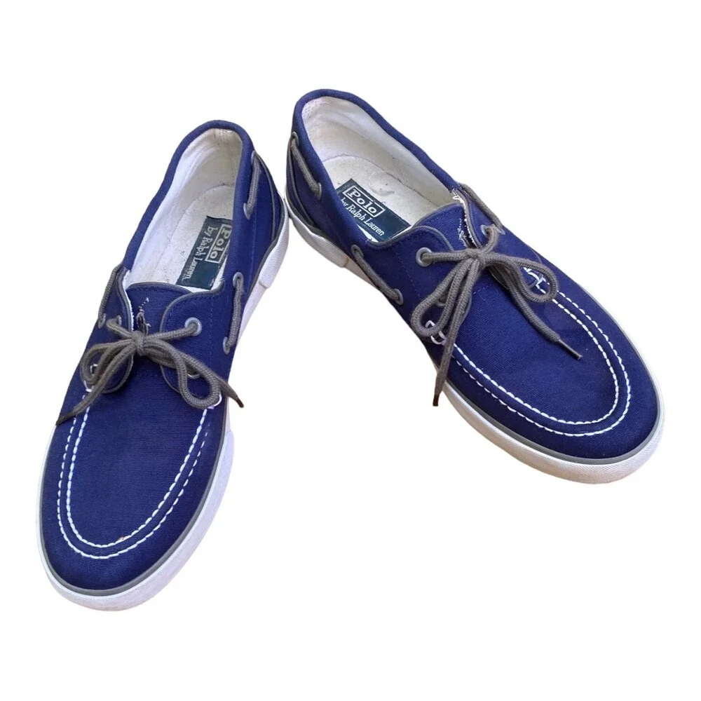POLO by Ralph Lauren LANDER Men’s 10.5 Boat Shoes Navy Canvas White Trim